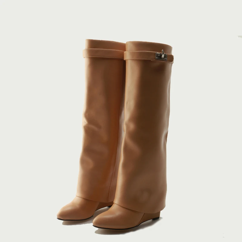 

2019 New Arrival Woman Boots Leather Wedges Long Booties Metal Buckle Decor Knee High Boots Chic Botas Feminino Shoes Women