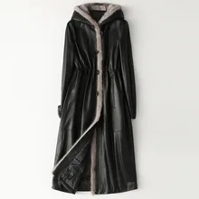 

Classic Autumn Winter Leather Mink Collar Hooded Down Jackets Woman Thick Warm Black Real Fur Long Coat High Quality Outwear