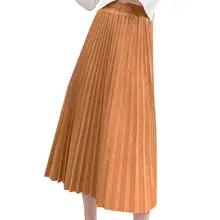 Осенняя Женская длинная Плиссированная Юбка Макси цвета металлик, серебристый цвет, высокая талия, эластичная повседневная юбка, Женская плиссированная эластичная длинная юбка