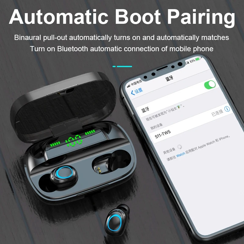 S11-TWS Bluetooth Headset 5.0 Wireless Dual In-Ear Digital Display Stereo Sports IPX7 Waterproof Earphones 3500 MAh Battery