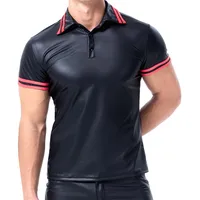 Plus Size Mens T-shirts Faux Leather Short Sleeve Shirts Tee Sports Fitness Body Shapers Streetwear Undershirts Casual Outfits - Image 2