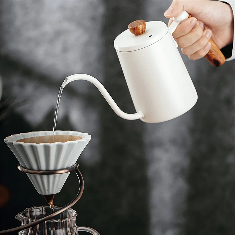 Cafetieră manuală de 600 ml cu mâner din lemn, oțel inoxidabil, gură lungă, cafetieră manuală cu picurare, aparat de bucătărie, consumabile_voghion.com