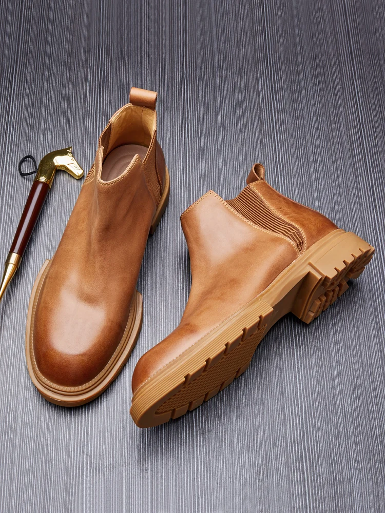 Chelsea boots mens Winter Plus Velvet Warm High Top Autumn Winter British Retro Men Shoes All Match Cowhide Genuine Leather