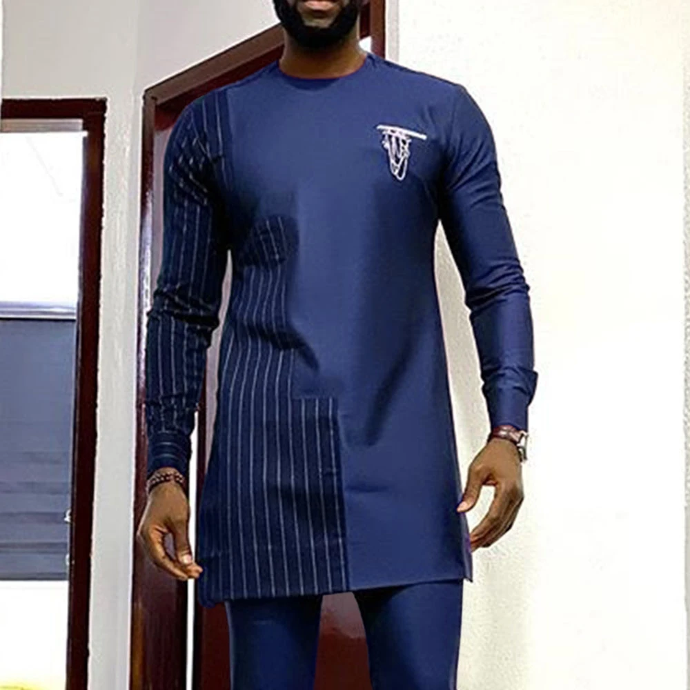 YUNY Men Muslim Abaya Pullover Long-Sleeve Pocket Trim Tees Top Black 3XL