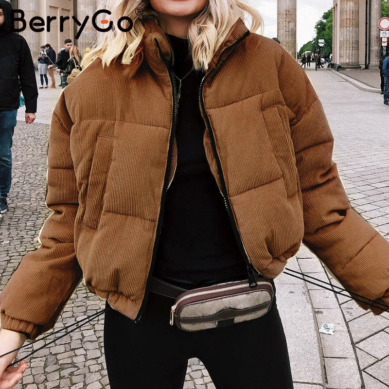 BerryGo винтажная Вельветовая парка, куртка, пальто,, Теплая стеганая уличная одежда, зимнее пальто, толстый мягкий карман, хаки, женская зимняя куртка - Цвет: Коричневый