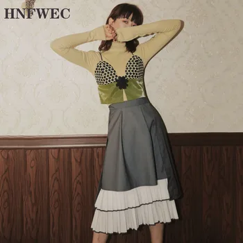

Irregular Pleated Patchwork Hit Color Skirt Women 2020 Spring New Loose Vintage A-line Empire Skirt Female Y846