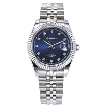 

Luxury Parnis 39mm blue dial diamond marks sapphire date magnfier stainless steel band automatic movement men's watch