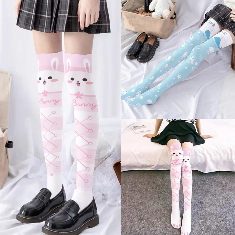 Japanese Women Lolita Kawaii Thigh High Stockings Harajuku Cute Cartoon Rabbit Jellyfish Print Anime Over Knee Socks