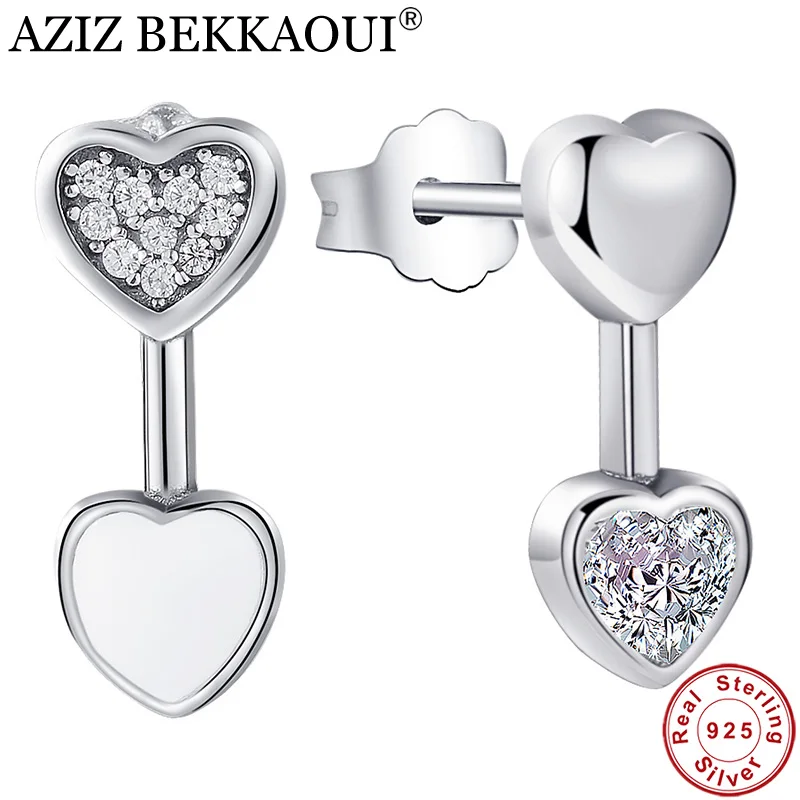 Азиз BEKKAOUI Аутентичные стерлингового серебра 925 пробы с двойным сердцем и кристаллами сердца серьги гвоздики для женщин Brincos хорошие Свадебные украшения