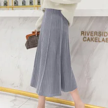 Осенне-зимняя теплая трикотажная Юбка-миди корейская стильная женская юбка с высокой талией тонкая повседневная юбка в складку Jupe Femme