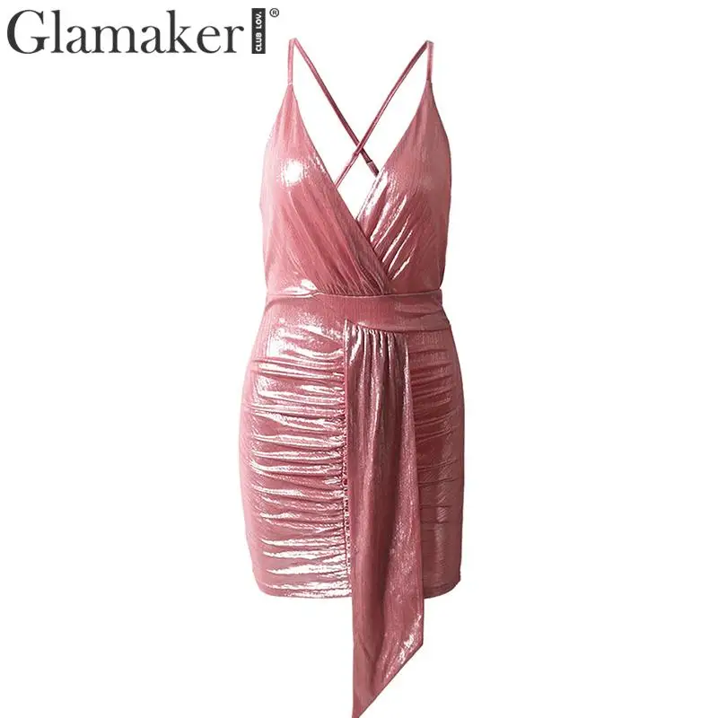 Glamaker, сексуальное розовое платье с открытой спиной и v-образным вырезом, Элегантные Осенние вечерние бодикон для ночного клуба, новое женское платье без рукавов, короткое платье с люрексом - Цвет: Розовый