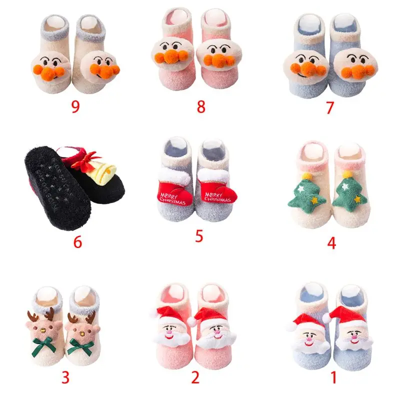 Рождественский костюм для новорожденных; носки-тапочки с милым 3d-рисунком Санты; теплые Нескользящие чулочно-носочные изделия
