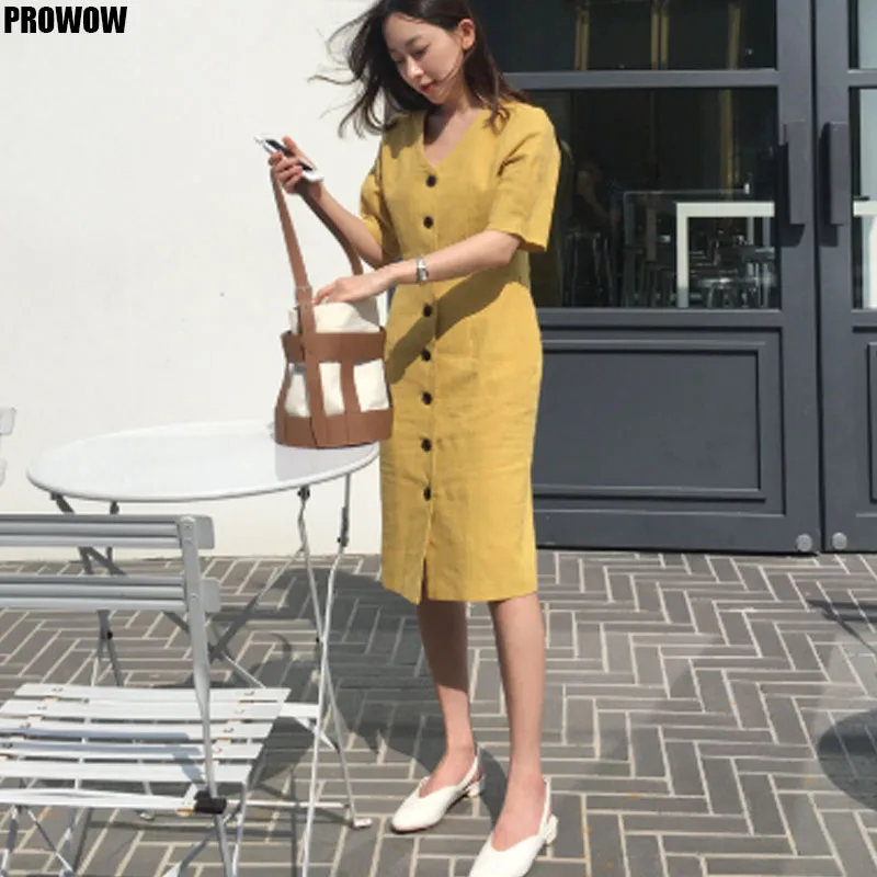 2020 Summer New Dress Women Korean V Neck Solid Dress Cotton Linen OL Casual Short sleeve Dresses Female Boho Robe Femme Vestido