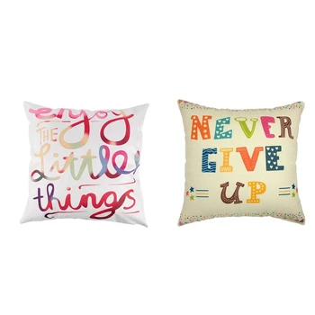 

2Pcs Flax Square Decorative Throw Pillow Case Cushion Cover 18X18 Inch NEVER GIVE UP & Color Linen English Letter Pillow Case Cu