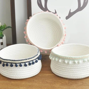 

Creative Round Handmade Cotton Thread Desktop Storage Basket Debris Storage Box Stationery Cosmetics Underwear Storage Bag