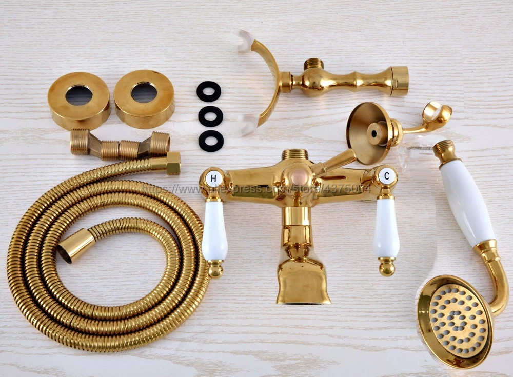 Bathtub Faucets Gold Color Brass Wall Mounted Rain Shower Faucet Round Handheld 2 Handle Luxury Bathroom Mixer Tap Set Nna912