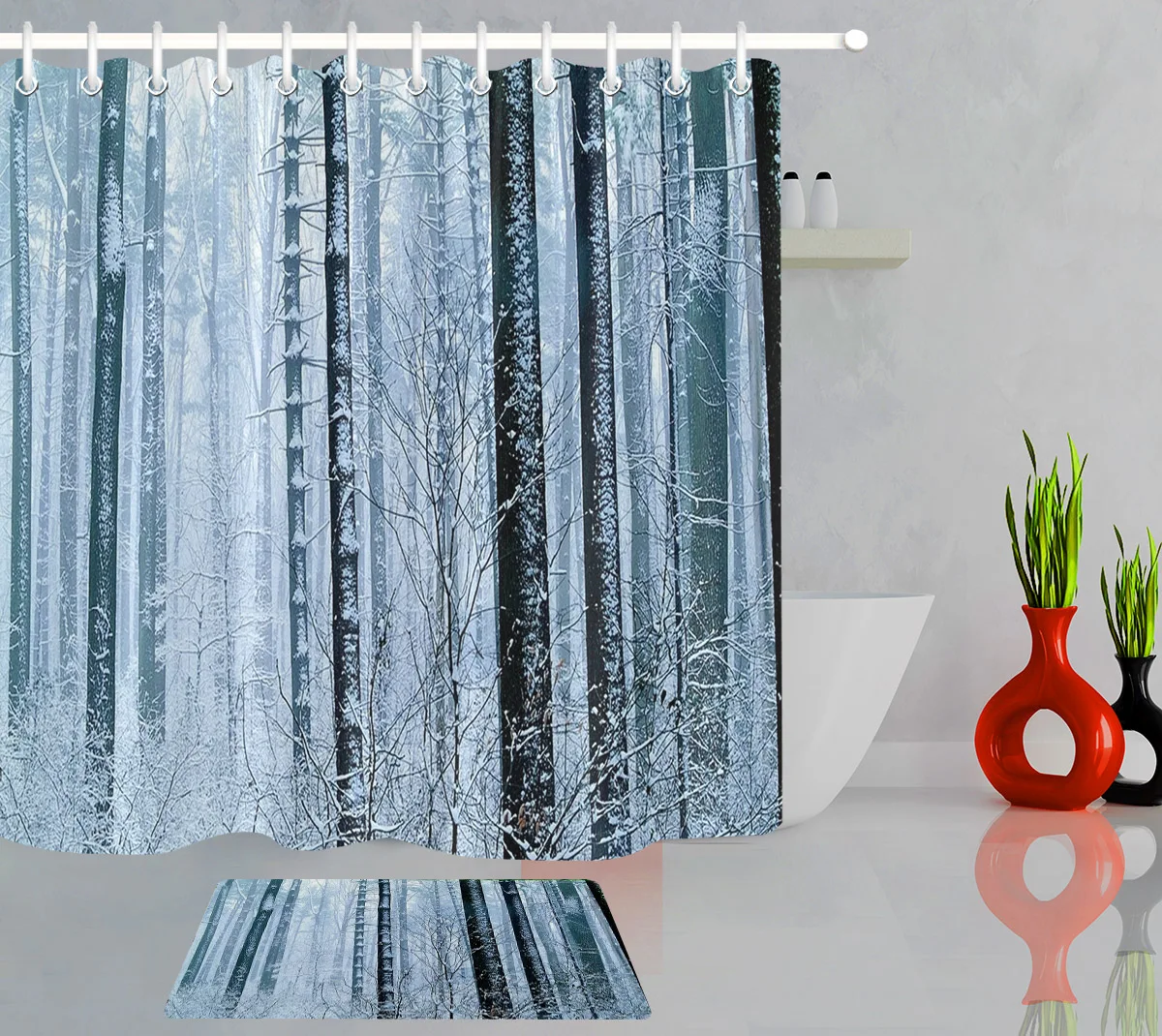 Woodland Shower Curtain Polyester Fabric Winter Forest Snow Scene Nature View Scene Pattern Waterproof Bathroom Carpet Rugs