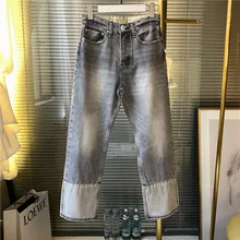 Женские прямые джинсы с высокой талией, потертые, лоскутные, на молнии, женские джинсовые длинные штаны