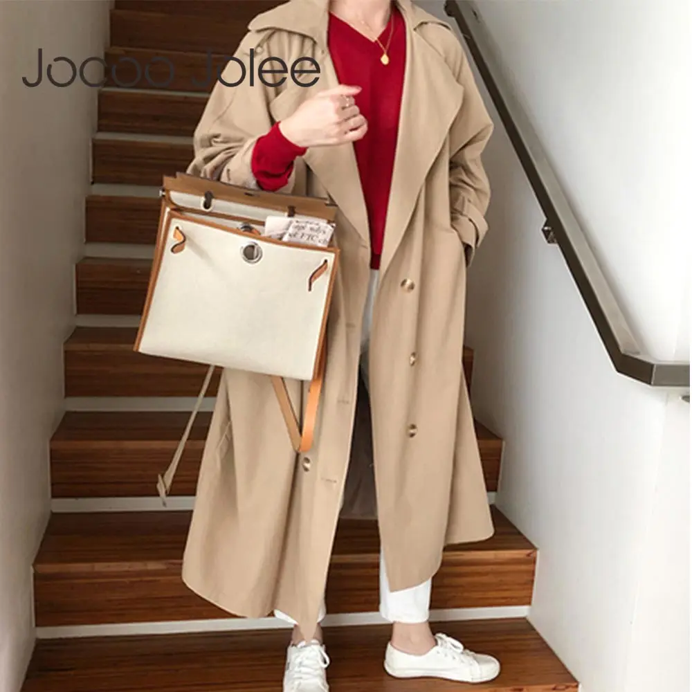 

Jocoo Jolee Women Double-Breasted Trench Coat with Belt Classical Lapel Collar Loose Long Windbreaker Russia style Chic Outwear