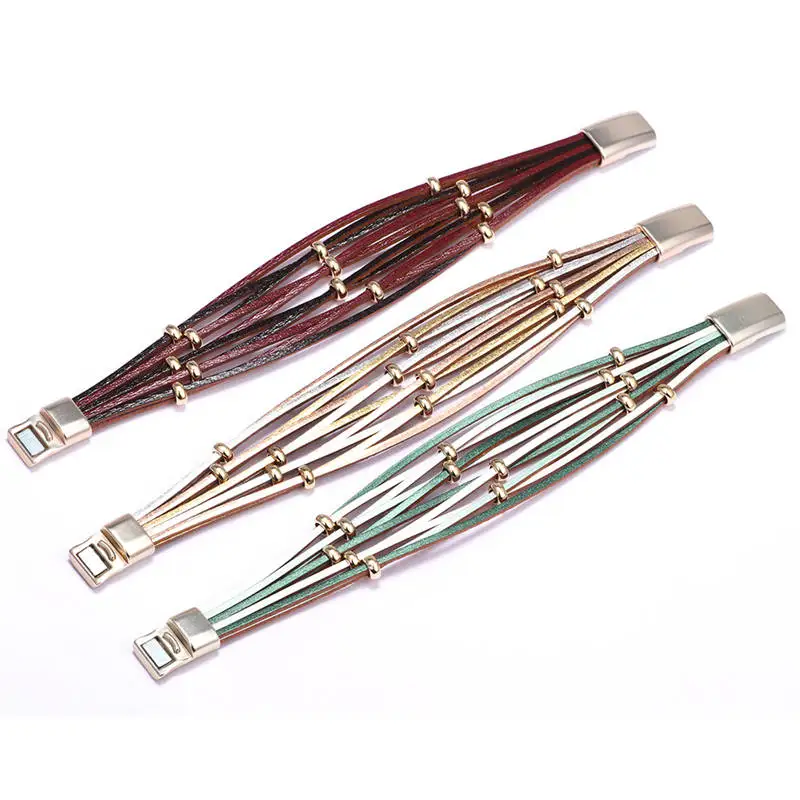 Gold Silver Color Beads Leather Charm Bracelets for Women Men Fashion Multilayer Wrap Bracelets Bangles Jewelry Gift