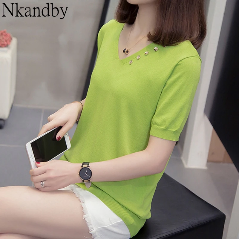 

Plus Size V Neck Tops T Shirts 2020 Summer Women Fashion Slim Knitted T-shirt Oversize Button Short Sleeve Solid Ladies Knitwear