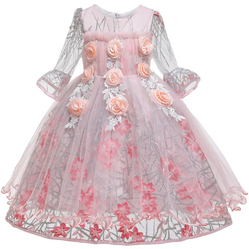 Детское Сетчатое платье принцессы с цветочным рисунком и рукавами на день рождения, мероприятие, вечеринка, платье для девочек от 2 до 10 лет, новогодний костюм