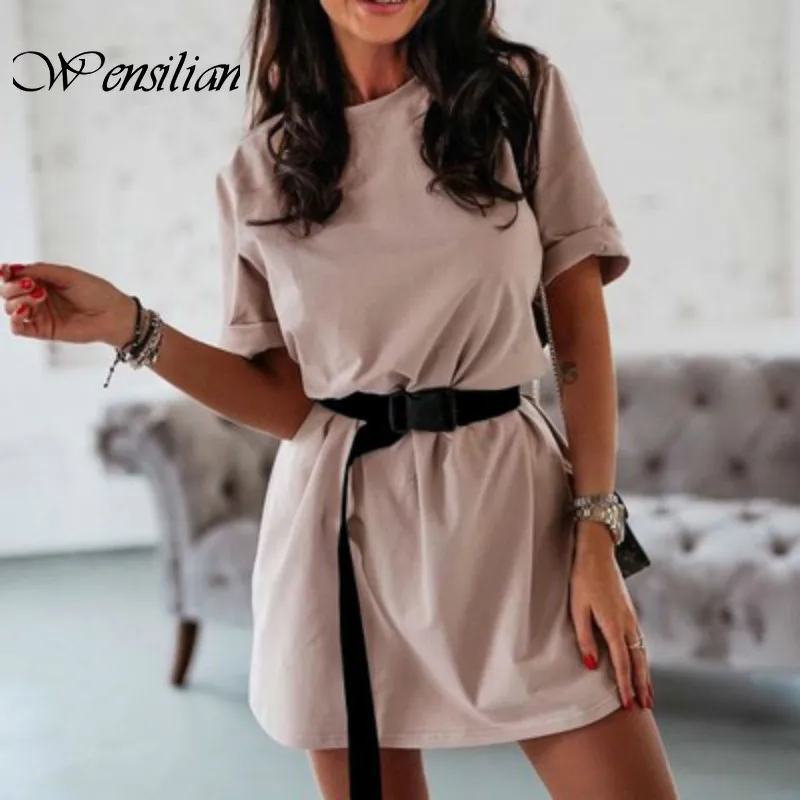 

Casual Womens Dress Including Belt Solid Color Summer Dress Loose Home Dresses Leisure Sportswear Beach Dresses Vestido De Mujer