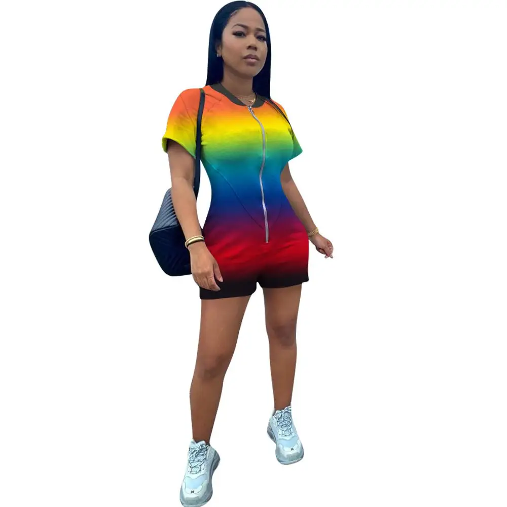 

Fashion Women's overalls Jumpsuit Front Zipper Colorful Short Sleeve Rompers Jumpsuits for women 2020