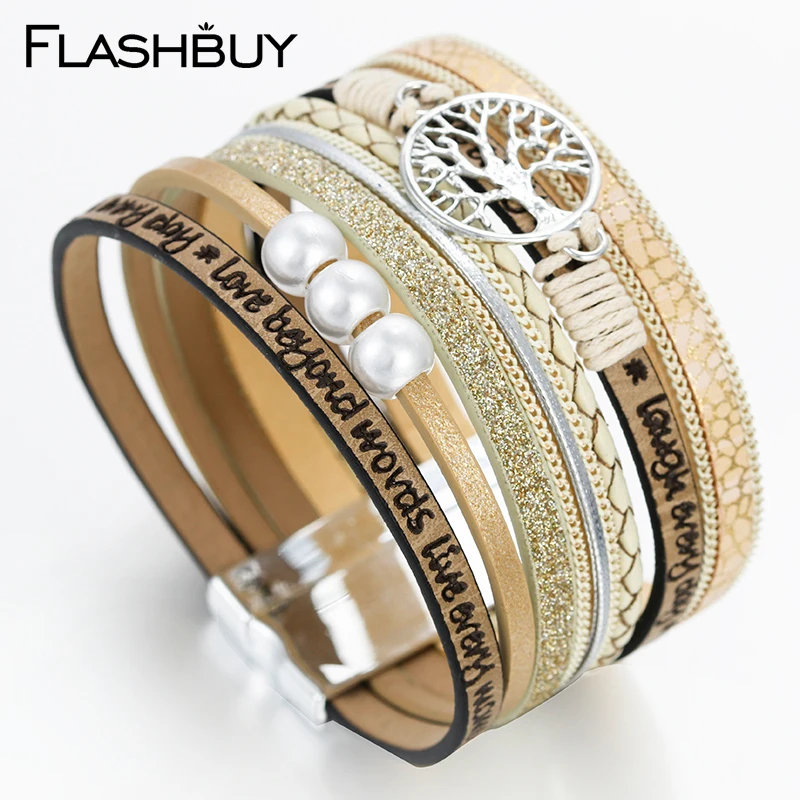 Flashbuy Многослойные жемчужные браслеты с древом жизни для женщин, браслеты с металлическими подвесками, трендовые ювелирные изделия, женские модные аксессуары