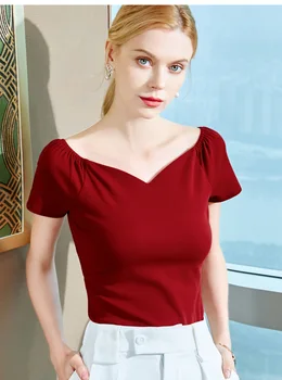 

One-shoulder jacket women 2020 summer new small shirt cherries red sexy exposed collarbone solid color short-sleeved t-shirt