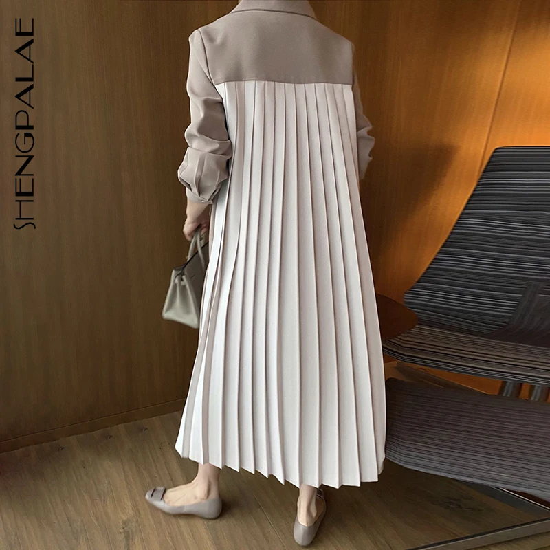 SHENGPALAE Vintage Ruched Dress For Women Notched Collar Long Sleeve Casual Loose Suit Dress Female 2020 Autumn Fashion ZA5702 SHENGPALAE Vintage Ruched Dress For Women Notched Collar Long Sleeve Casual Loose Suit Dress Female 2020 Autumn Fashion ZA5702