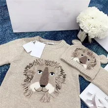 Г. весенне-осенний хаки свитер Топ, шерстяная рубашка для маленьких девочек и мальчиков, детские вязаные милые свитера с изображением Льва трикотажный топ