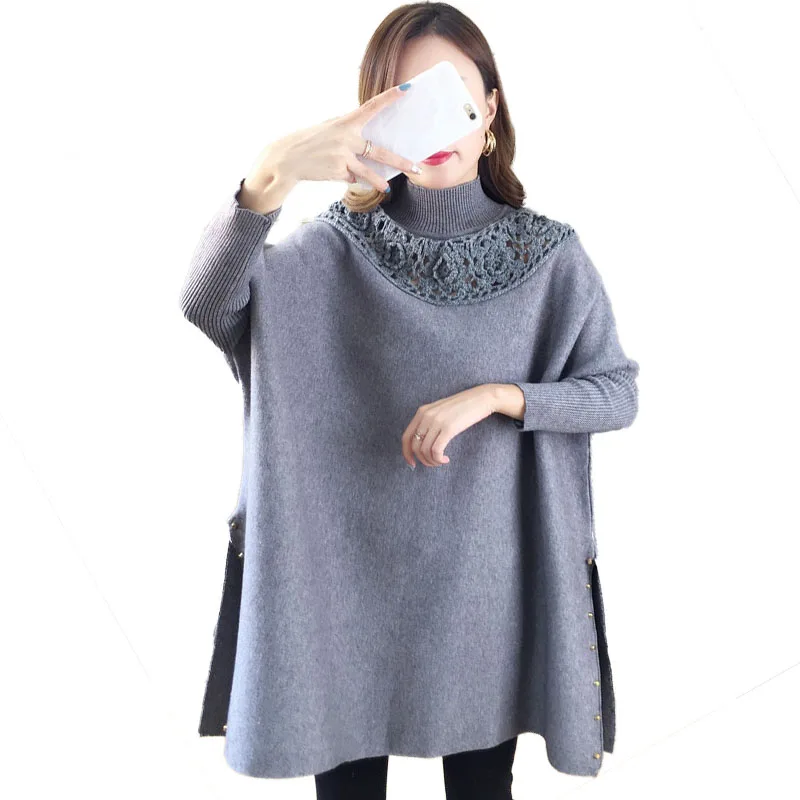 

Autumn Women Knit Sweater Hollow Out Turtleneck Pullovers Casual Loose Knitted Sweater Outwear Pullover Female Long Sweater