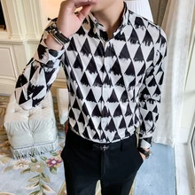 Корейские мужские деловые формальные рубашки с длинным рукавом, новые мужские модные повседневные рубашки с принтом, облегающие рубашки