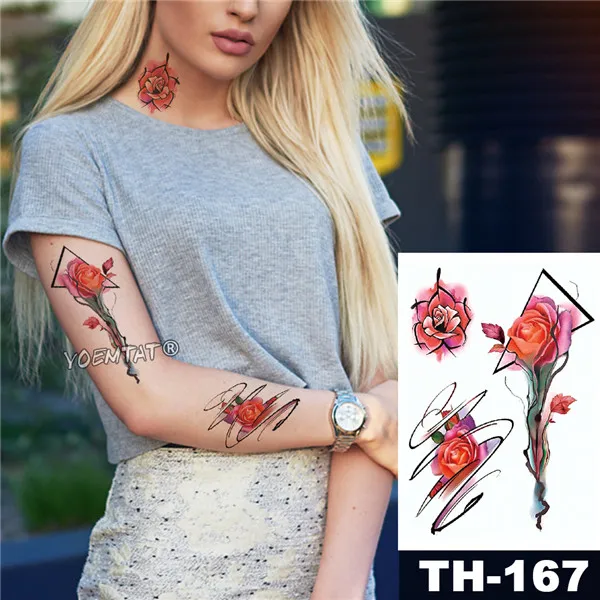 Waterproof Temporary Tattoo Sticker Watercolor rose pattern Romantic line Water Transfer body art flash fake tatoo - Цвет: 01