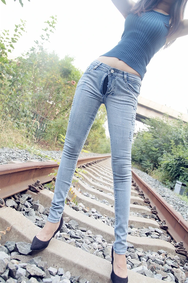 Outdoor Sex Jeans Pants Womens Sexy Exhibitionist Denim Trousers Zipper Open Crotch Sexual Ripped Jeans Exotic Clothing Women