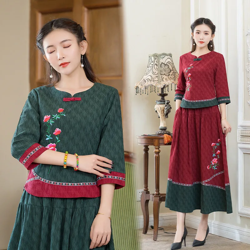 

Photo Shoot 2020 Spring Cotton Linen Slim Fit Cheongsam Small Coat Retro Embroidery Two-Piece Set