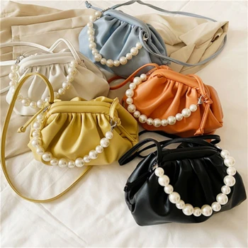 

New Cloud-wrapped PU Leather Small Bag Shoulder Slant Pearl Chain Dumpling Bag Handbag Clutches Bags Messenger Crossbody Bolsos