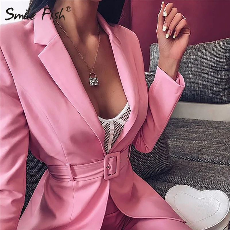 

Women's Sets with Belt Pink Blazer Fall 2019 Two Pieces Suit Tops Shorts Autumn Winter Women Streetwear Orange Coat Jacket GV993