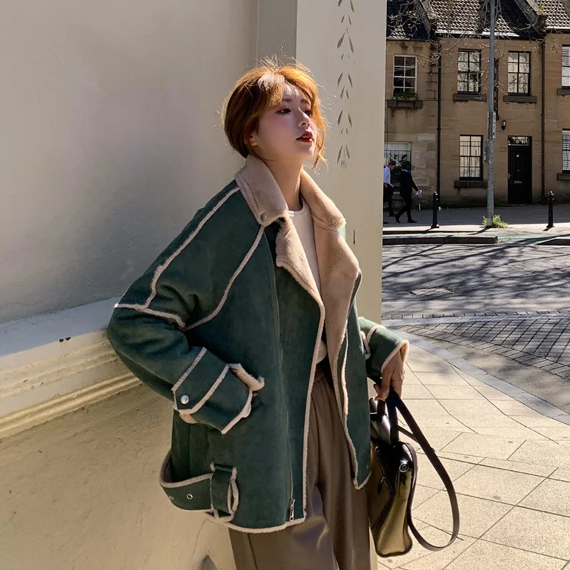 

Photo Shoot CHIC Handsome Emerald Green Contrast Color Loose-Fit Suit Collar Faux Rabbit Fur One-piece Fur Motorcycle Coat Cotto