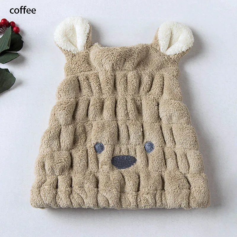 coffee Мультяшная Кепка для волос впитывающая Коралловая бархатная 1 шт многоцветная устойчивая сухая Кепка для волос детская шапочка для душа 25*20 см - Цвет: coffee