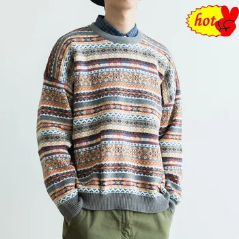 

Fit Folk Loose Style Mens Sweaters Vintage O-Neck Pullover Tops Male New Autumn Winter Long Sleeve Knitted Sweaters M-2XL