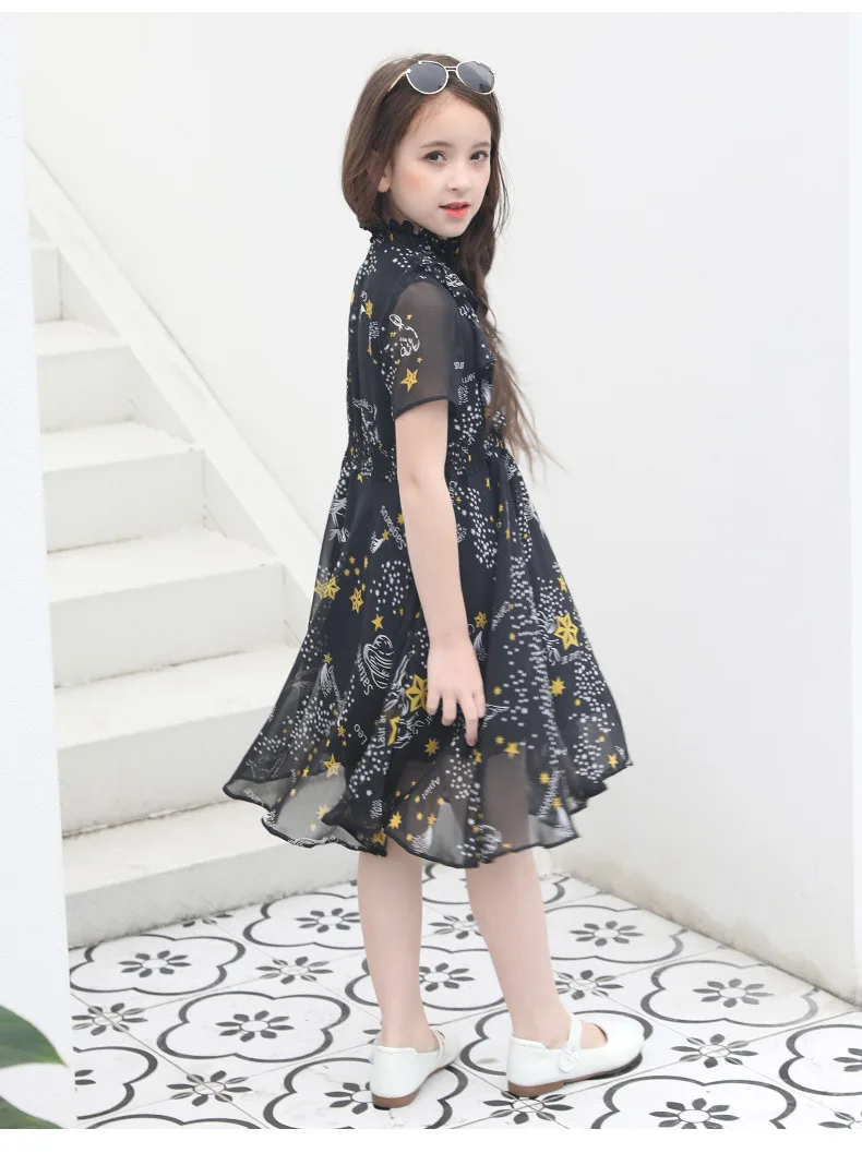 Милое черное платье с принтом «Звездная Вселенная» для детей; повседневная одежда для девочек-подростков; мусульманские платья для девочек 10-12 лет