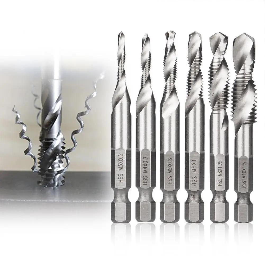 

6Pcs M3-M10 1/4in Hot Composite Tap Thread Spiral Screw Hex HSS Screw Drill Bit(Silver)