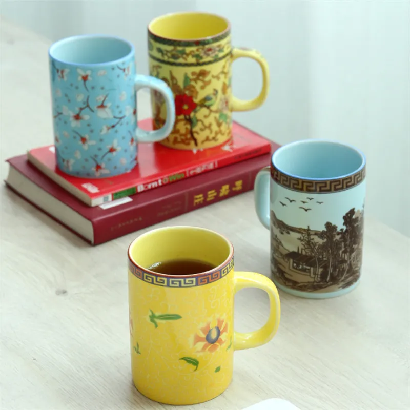 Large Capacity Ceramic Teacup with Handle Retro Blue and White Porcelain Water Cup Creative Household Coffee Milk Beer Mug | Дом и сад