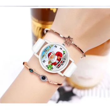 

Casual Women Watch Christmas printing Stainless Steel dial Leather strap Analog Quartz watch Analog Clock Watch Bayan Kol Saati