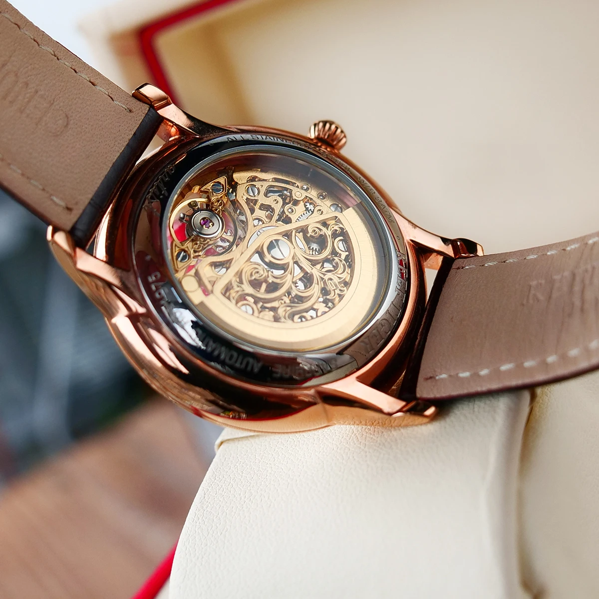 Риф Тигр/RT новый дизайн Часы с костями для Для мужчин розовое золото ремень из