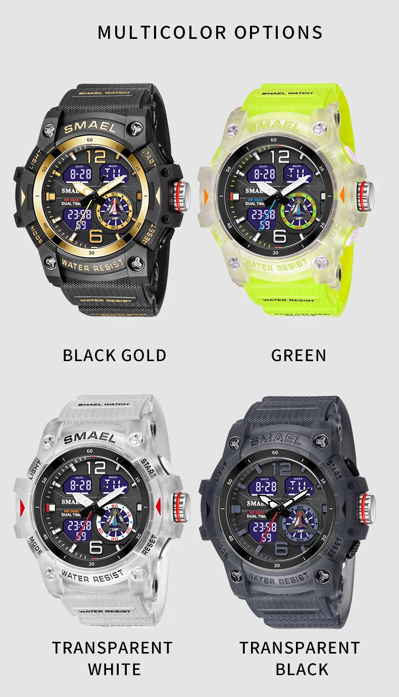 2022 New SMAEL Dual Time Men Watches 50m Waterproof Military Watches for Male 8007 Shock Resisitant Sport Watches Gifts Wtach