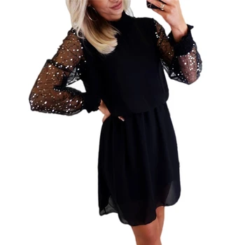 

Long Sleeve Sexy Women Bandage Summer Mini Dress Mesh See Through Patchwork Pleated Party Dress