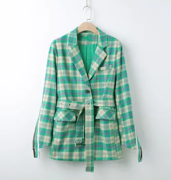 

Fashion 2019 New Women Long Sleeve Plaid Coats V-Neck Pocket Slim Jacket Sashes Single Breasted Casual Jacket